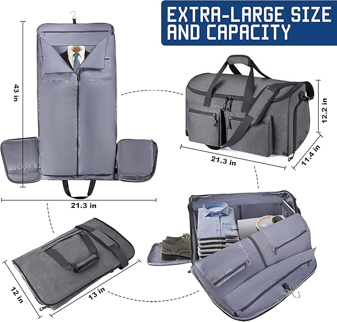 HILOMON Convertible Duffle Bags for Travel Carry On Suit Duffle Bags with Shoulder Strap 2 in 1 Hanging Garment Duffle Bag for Men Women (Grey)