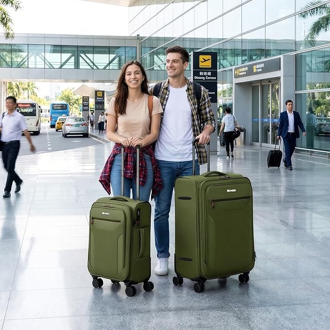 2PCS Set（22in/28in）Softside Luggage Sets w/TSA LOCK,Expandable 20% Luggage w/Spinner Wheels,Upright Spinner Softshell,Lightweight Durable Rolling Travel Luggage Set for Men/Women（Green,22in/28in）