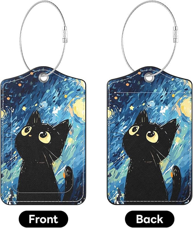 2 Pack PU Leather Luggage Tags for Suitcases, Privacy Protection Cover with Stainless Steel Loop and Address Card, Travel Cruise Essentials (Starry Sky Black Cat)