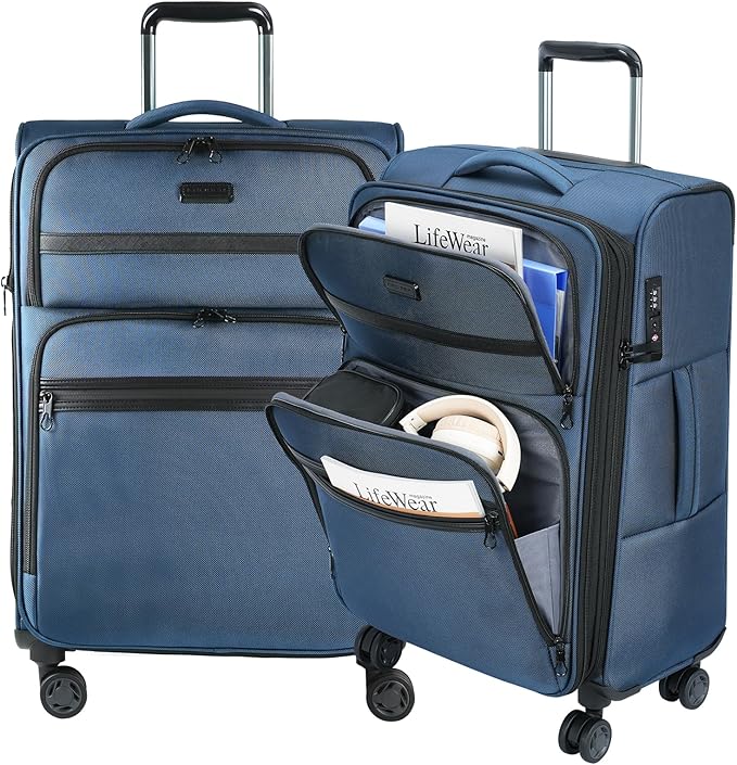 KROSER Softside Expandable checked Luggage with Front Business Pockets，24 Inch Suitcases with Spinner Wheels & Built-in TSA Lock, Durable Suitcase Rolling Luggage, Haze Blue