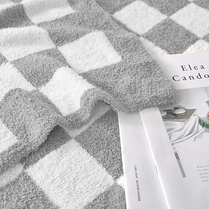 Checkered Throw Blanket, Light Grey Soft Cozy Fluffy Knitted Throw Blankets for Couch, Sofa, Bed, Chair, Warm Fuzzy Travel Picnic Lightweight Plaid Blanket, 50x70 inches