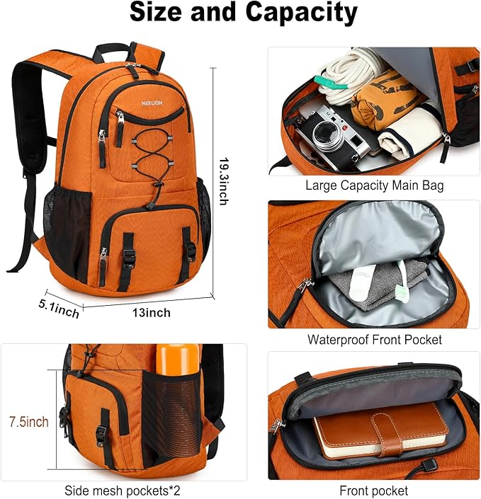 Nerlion Lightweight Foldable 35L Hiking Backpack Travel Backpack for Men Women Camping Waterproof Outdoor Hiking Daypack Backpack Orange