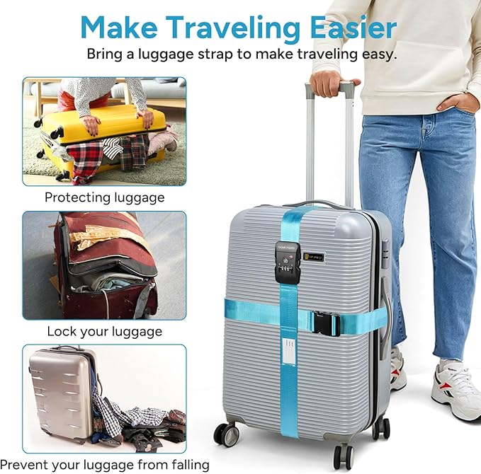 Travel Inspira Luggage Straps with TSA Lock, 2 Pack TSA Approved Suitcase Belt, Heavy Duty Adjustable Cross Design for Added Security, Easy Spot Blue Travel Accessory with ID Tag for 20-32" Bag