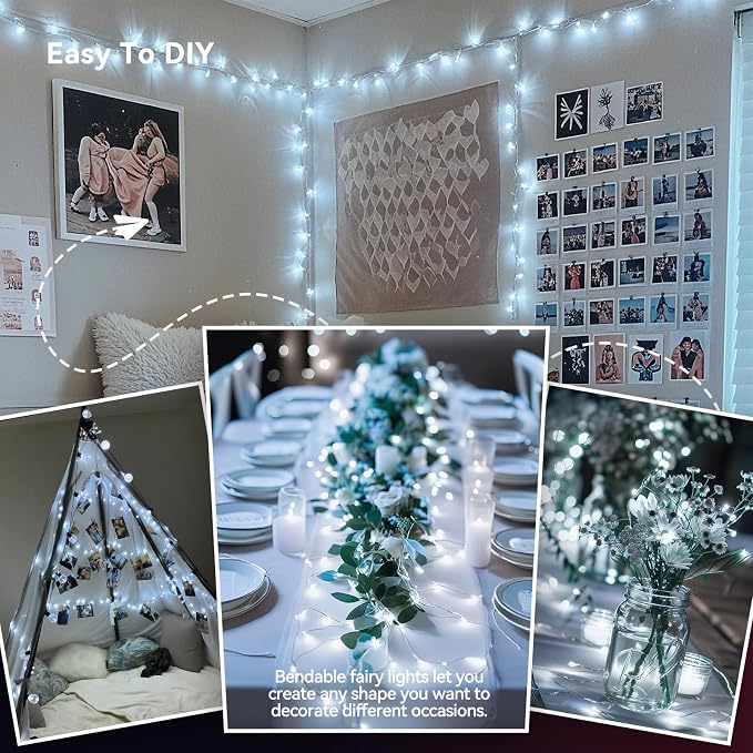 LitHome 8 Pack Cool White Fairy Lights Battery Operated, Each 20 FT 60 LED | Twinkle Lights Battery Operated 2 Modes, Waterproof Fairy String Light for Classroom Bedroom Indoor Christmas Wedding Decor