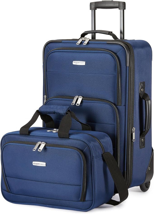 Amazon Basics Softside Luggage Set, 23-Inch Expandable Suitcase with Wheels and 15-Inch Tote, Extra Space (+15%), Front Pockets, Telescopic Handle, Navy Blue