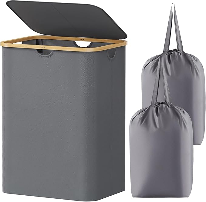 Lifewit 150L Laundry Basket with Lid, Clothes Hampers for Laundry with Bamboo Handles and 2 Removable Bags, Large Foldable Laundry Hamper for Bedroom, Bathroom, Dorm, Grey