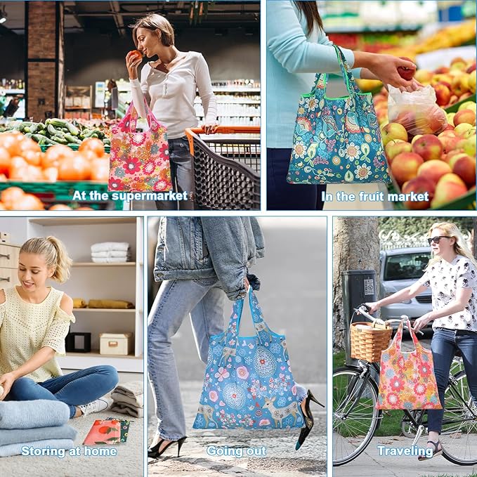 6 Pcs Reusable Shopping Bags Foldable, Machine Washable Shopping Grocery Bags in Pocket , Eco-Friendly Travel Recycle Shopping Bags, Waterproof Pouch Tote Bags for Daily Shopping Supplies load