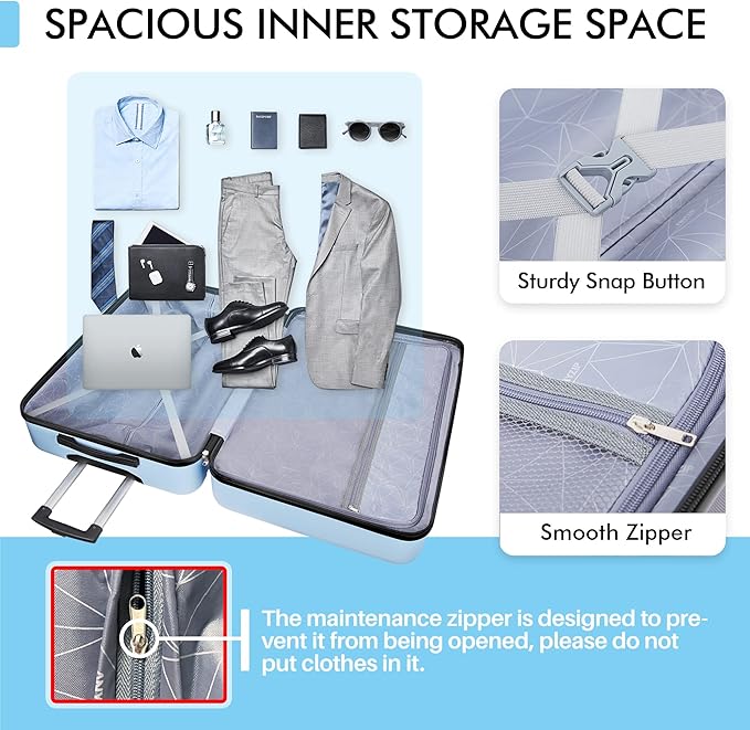 AnyZip Luggage PC ABS Hardside Lightweight Suitcase with 4 Universal Wheels TSA Lock Carry-On 20 Inch Light Blue