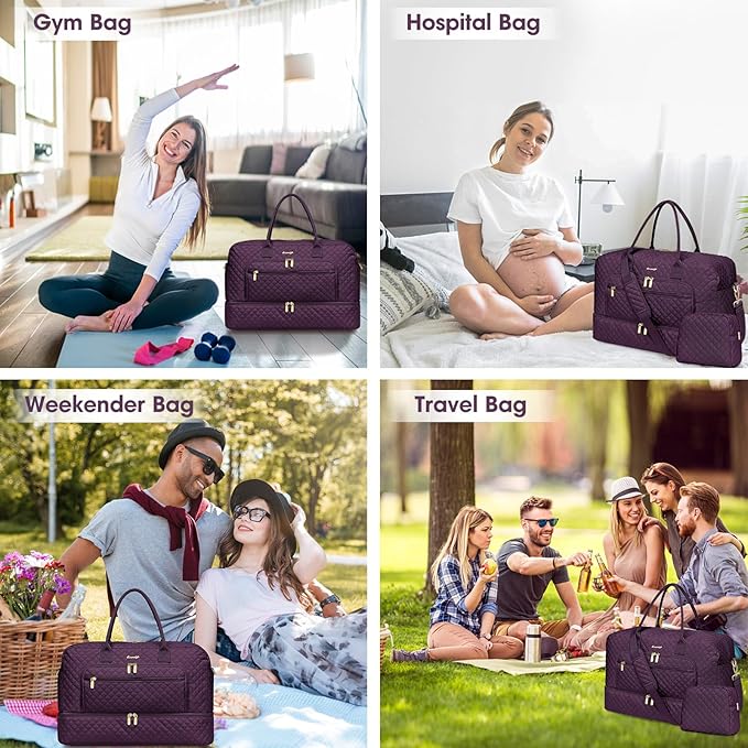 Large Women Travel Duffle Bag - Carry on Overnight Weekend Travel Duffel Tote Gym Bag with Wet Pocket Toiletry Weekender Overnight Bag for Travel Business Trips Sports Hospital 3 Pcs Set