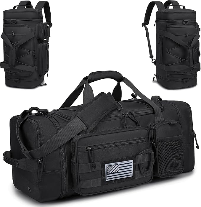 3 in 1 Tactical Gym Bag Backpack for Men 40-45L Expandable Travel Duffle Bag for Women Large Military Sport Duffel Bags Weekend Overnight with Shoe Compartment & Wet Pocket for Fitness, Black