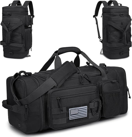 3 in 1 Tactical Gym Bag Backpack for Men 40-45L Expandable Travel Duffle Bag for Women Large Military Sport Duffel Bags Weekend Overnight with Shoe Compartment & Wet Pocket for Fitness, Black