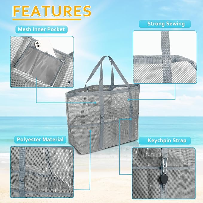 SRISE Mesh Beach Bag - Large Beach Tote Bag for Family Beach Bag for Toys & Vacation Essentials