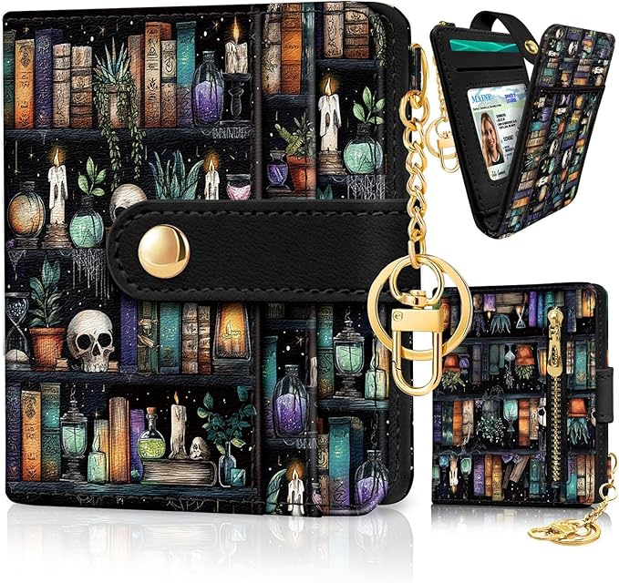 Jogjam Bookshelf and Skull Goth Gothic Skeleton Rfid Women Wallet, Small Slim Thin Compact Travel Credit Card Wallet, PU Leather Bifold Cash Wallet, Zipper Coin Pocket ID Window, Female Ladies Gifts