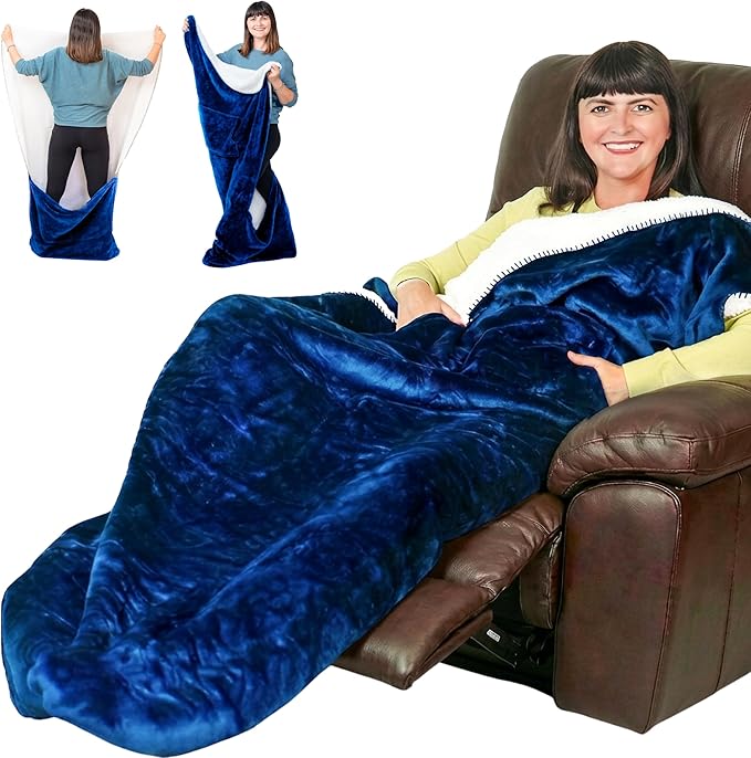 Premium Double Layer Foot Pocket Blanket -Patent Pending- TV Throw - Gamer Gifts for Men Who Want Nothing - Lap Blanket (Double Layer Sherpa-Fleece, Velvet Blue)
