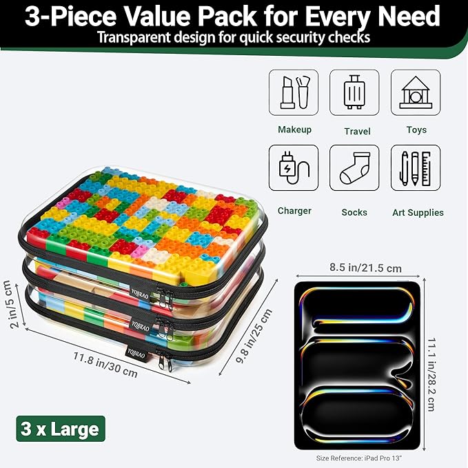 YQBRA 3 Pack Clear Hard Shell Zipper Case, See-Through Hard Plastic Organizer Pouches with Zipper for Travel, Toiletries, Makeup, Electronics & Pencils - Crush-Resistant Storage (L Black)