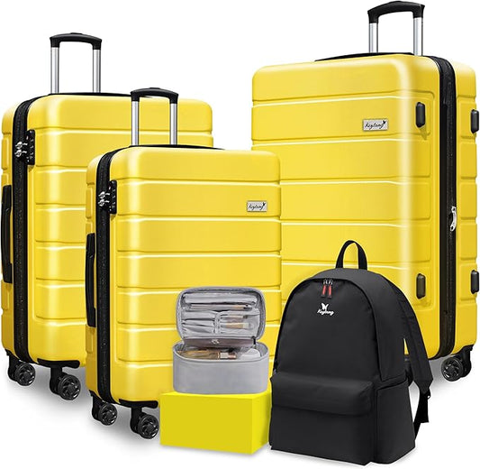 Explorer Luggage Set, Lightweight Hardside Suitcase, Expandable Carry-On Luggage with Travel Backpack & Cosmetic Makeup Bag, 5-Piece Set (20in/24in/28in), Yellow