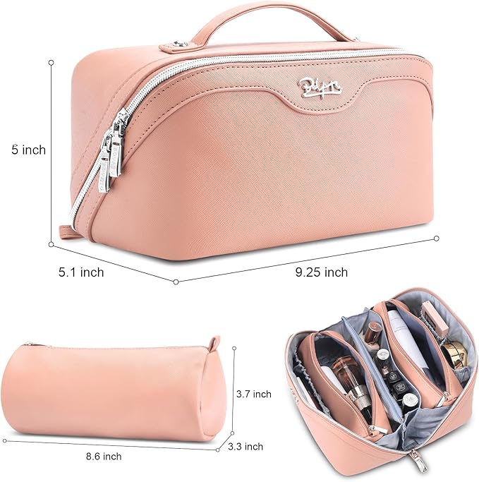 BOYATU Travel Makeup Bag Organizer Cosmetic Bag: 3 Pcs Set Make up Bags for Women with Handle - Waterproof Vegan Leather Toiletry Bags Travel Essentials Pouch with Compartments (C-05-Pink)