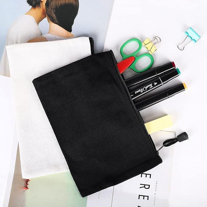12 Pack DIY Craft Cotton Canvas Bag, Multi-Purpose Cosmetic Bag Makeup Pouches with Zipper Travel Toiletry Bag (XS, Black)