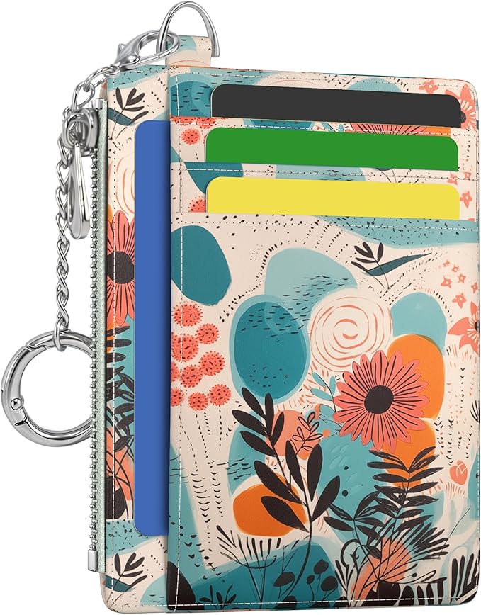 Hancynir Boho Abstract Floral Flower Small Wallet Women Credit Card Holder, Slim RFID Blocking Keychain Card Wallets, Mini Front Pocket PU Leather Travel Zipper Coin Cash Ladies Wallet Organizer Gifts