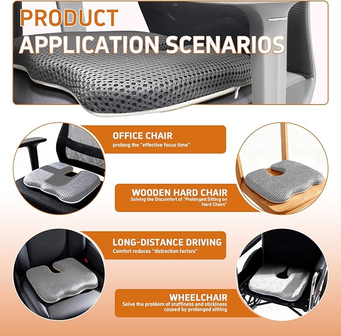 Air Fiber Seat Cushion for Office Chair, Breathable U-Shape Tailbone Relief Cushion for Desk Chair, Washable Ergonomic Chair Pad for Driving & Gaming, Cooling Mesh Back Support(Grey, 15.7″*19.7″)
