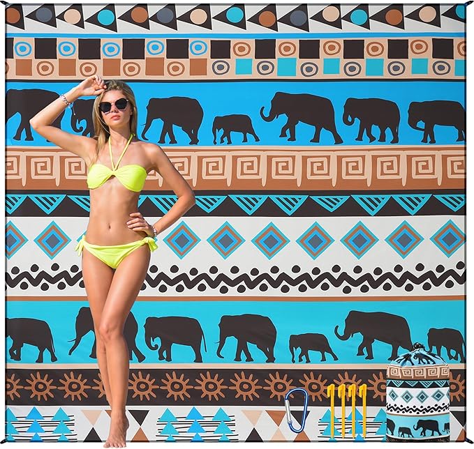 HIHOHO Beach Blanket Waterproof Sandproof Beach Mat for 1-8 Adults Quick Drying Durable Outdoor Picnic Mat for Beach Festival Travel Camping Hiking (Elephant-GN, 79"×83"(4 Person))