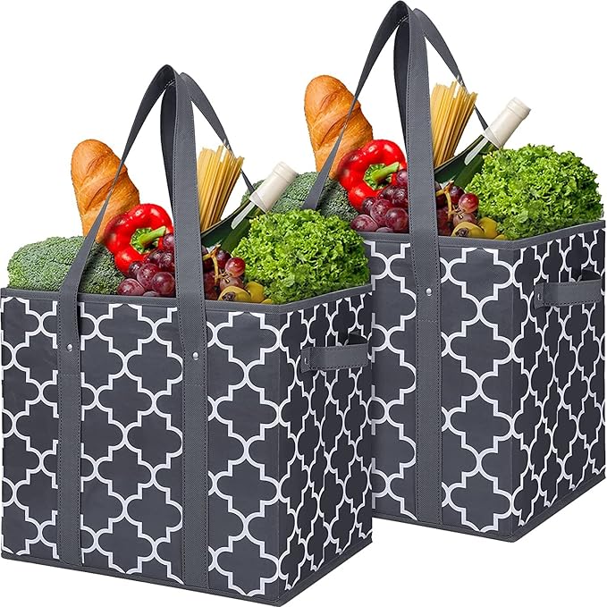 WISELIFE Reusable Grocery Bags 2-Pack Foldable Washable Large Storage Bins Basket Water Resistant Shopping Tote Bag Dark Grey