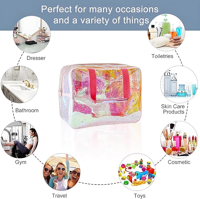 TPU Holographic Pink Clear Star Large Cosmetic Bag and Travel Pouch with Handle,Durable TPU Material,Zipper Design-Ideal for Makeup,Travel Essentials (Holographic pink)