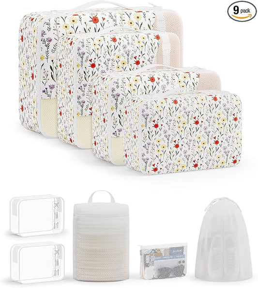 11 Set / 9 Set Packing Cubes for Travel,Gifts for Women Mom Kids,TSA Approved Bags for Makeup, Cosmetic, Toiletry, Organizers for Suitcase Carry On,Cruise Essentials Airplane Accessories,White Floral