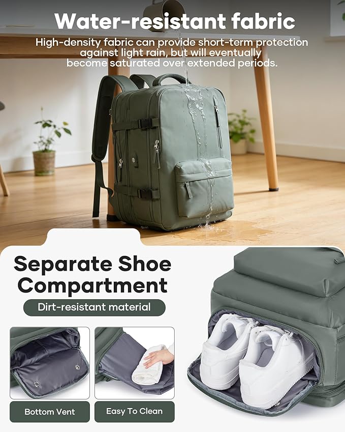 VECAVE Vacuum Backpack Travel with Pump, Expandable Personal Item Carry on Backpacks for Women Men, Laptop Waterproof Work Compression bags with USB Casual Daypack Green