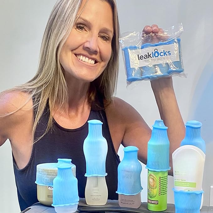 LeakLocks® Toiletry Skins 4-Pack w/Travel Bag. Elastic Sleeve for Leak-Proofing Travel Container in Luggage. Fits Standard/Travel Sized Toiletries. Reusable Accessory for Travel Bag Suitcase/Carry-on