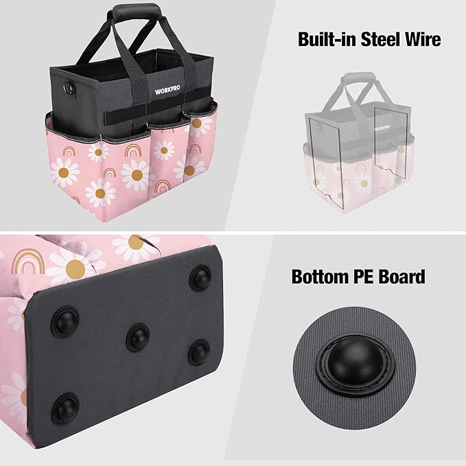 WORKPRO Garden Tool Bag Organizer, Heavy Duty Gardening Tote Bag with 10 Pockets and Long Adjustable Shoulder Strap, Standable Garden Home Tool Kits Organizer, Floral Pink (Tools are not Included)