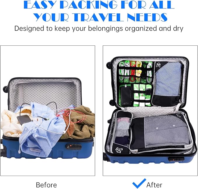 NiHome 7PCS Compression Packing Cube Set Expandable Mesh Travel Bag Luggage Organizers with Electronic Cable Cord Charger Organizer Drawstring Bag for Trip Home Storage Travel Gear Accessories (Black)