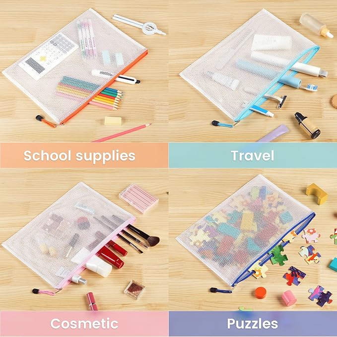 Sooez 24 Pack Mesh Zipper Pouch with Sticky Labels, A4 Mesh Bags, Toy Storage Board Game Puzzles Organization, Sturdy Letter Size File Folders Organizer Teacher School Classroom Office Supplies, Black