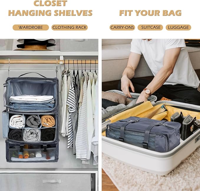 Surblue Hanging Travel Shelves Compression Packing Cube for Carry-on Luggage Suitcase Collapsible with Extension Layer Large Capacity, Grey, XXL