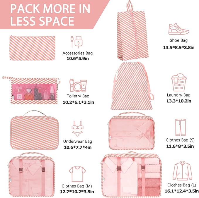 KPX 8 Set Packing Cubes for Travel, Luggage Packing Organizers Accessories Large Toiletries Bag for Clothes Shoes Cosmetics (Pink Strips)