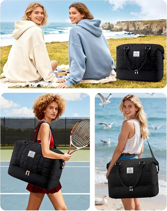 LOVEVOOK Travel Duffel Bag - Versatile Weekender Bag for Women, Puffer Carry On & Overnight Bag for Short Trips, Black
