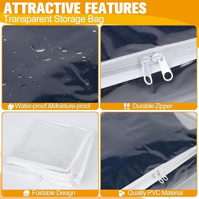 Kikerike Plastic Storage Bags with Easy-Glide Zipper, Pack of 8, Durable Clear Vinyl Zippered Storage Bags for Clothes Sweaters Comforters Blankets Sheets Bedding (15 x 12 x 5 Inch)