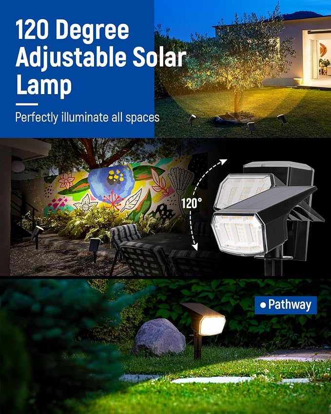 Solar Spot Lights Outdoor Waterproof, 2 Packs, Warm White | 63 LED, 3 Lighting Modes, Solar Landscape Lights for Yard, Garden, House, Garage, Pathway, Tree, Backyard