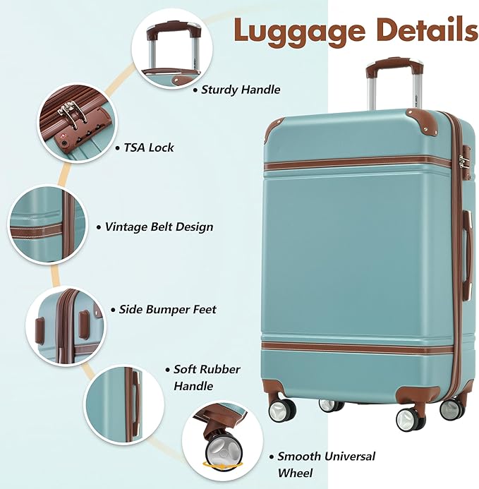 Merax 24 Inch Checked Luggage, Expandable Suitcase with Spinner Wheels, Hard Shell Vintage Luggage Set with TSA Lock(Green)