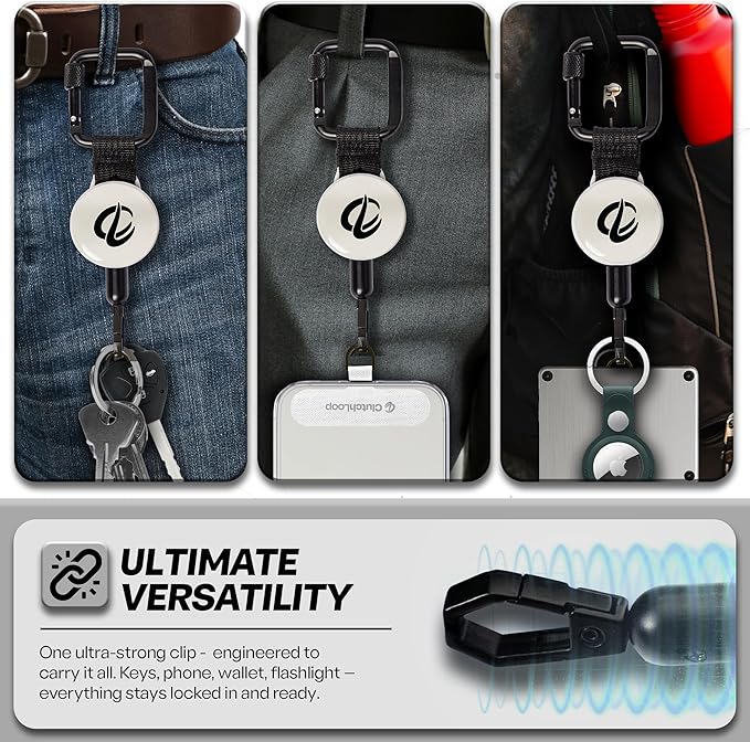 ClutchLoop Anti-Theft Phone Tether - Universal Adhesive Anchor, Retractable Steel Line and Locking Carabiner