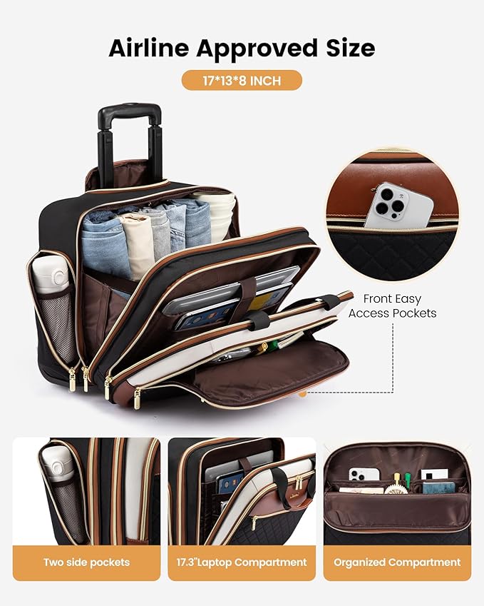 LOVEVOOK Rolling Laptop Bag Women, 17.3 Inch Laptop Briefcase with Wheels for Work Travel Business, Underseat Carry On Luggage Case,Khaki-Apricot
