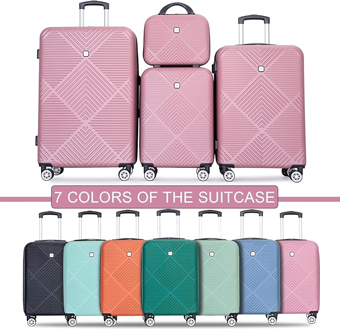 Luggage 4 Piece Set, Hardshell ABS Suitcase Set with Double Spinner Wheels, Lightweight Durable Large Luggage set, Carry On and Checked Travel Luggage, Pink