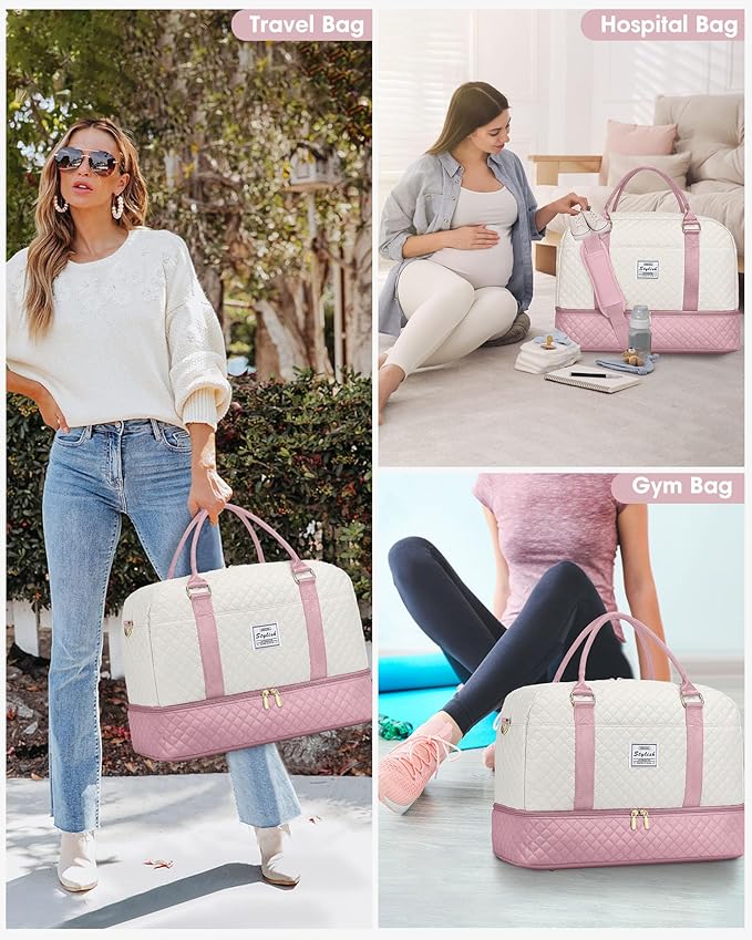 Weekender Travel Duffle Bag for Women: Overnight Bags with Shoe Compartment Carry on duffel Bag for Airplanes with 2 PCS Toiletry Bags Weekend Yoga Gym Hospital Bags with Wet Pocket Beige Pink