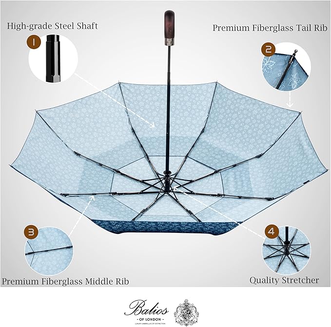 Balios Travel Folding Umbrella with Real Wood Handle Auto Open Close Vented Windproof Canopy - Designed in UK