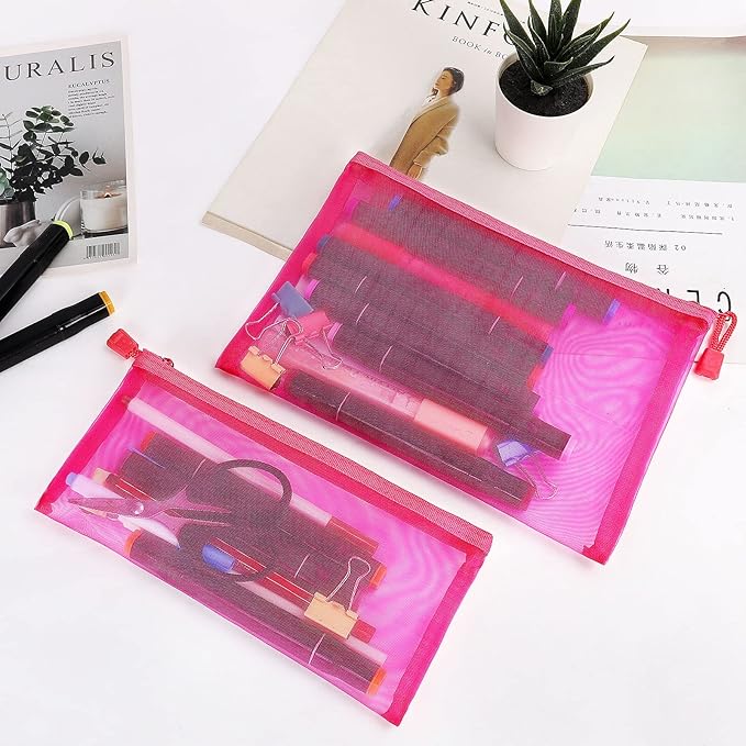 12 Pieces Zipper Nylon Mesh Pouch, Mesh Cosmetic Bags Makeup Bags Pencil Case, Multipurpose Travel Bags for Cosmetic School Office Supplies and Travel Accessories (Hot Pink, A5+B6)