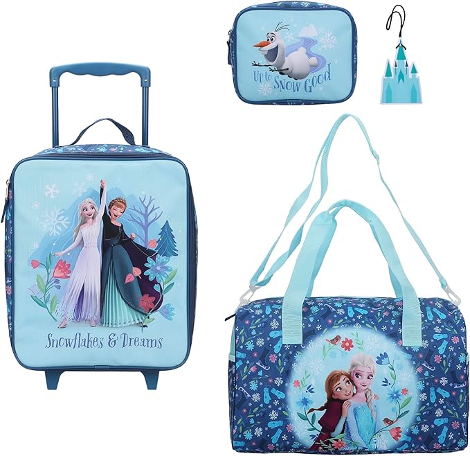 Bioworld Frozen Elsa & Anna Kids' 4-Piece Travel Set With Suitcase, Duffle Bag, Toiletries Case, and Luggage Tag