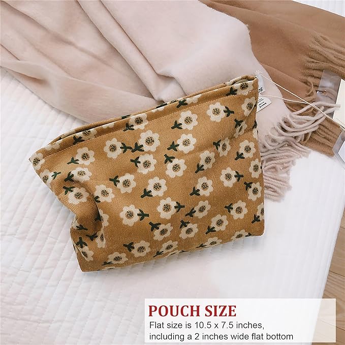 HAPPYHEIDI Women Floral Corduroy Canvas Travel Makeup Bag Cosmetic Pouch Purse Organizer, Khaki