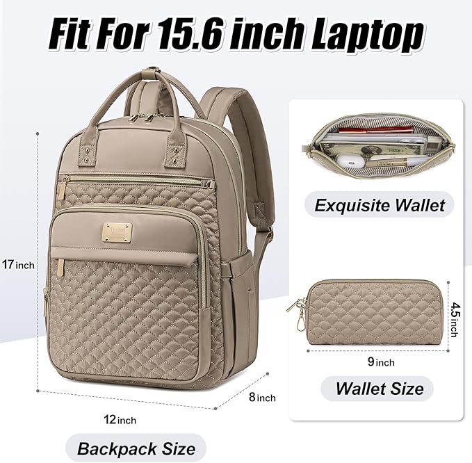 Laptop Backpack for Women,15.6 Inch Laptop Backpack for Work,Water Resistant Travel Backpack,College Bookbag with Wallet (Khaki)