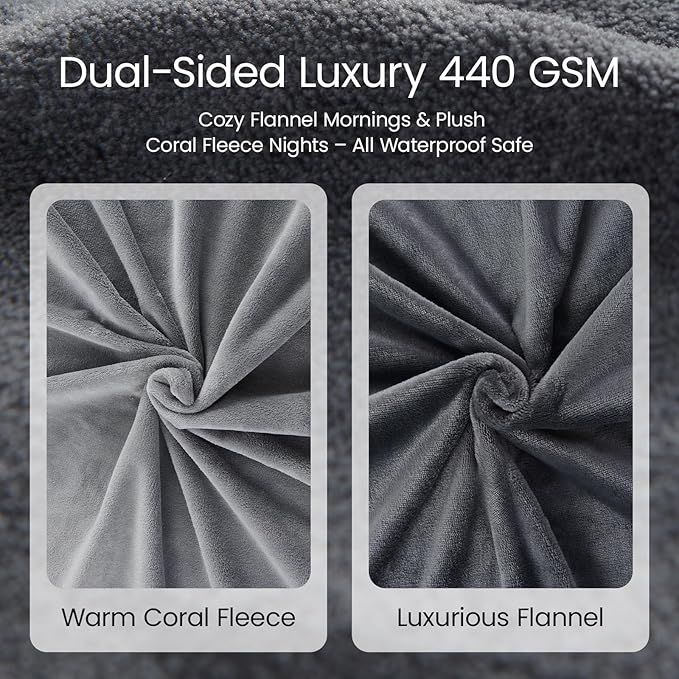 LOOBANI Waterproof Blanket for Bed: Reversible Leakproof King Size Bed Blankets 85" x 108", Soft Flannel & Coral Fleece Bed Blanket Water Resistant for Couch Sofa Cover, Travel, Movie Time, Grey