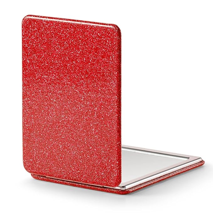 OMIRO Compact Mirror, Glitter PU Leather 1X/3X Magnification, Ultra Portable for Purses, 2.4" W x 3.4" L (Red)